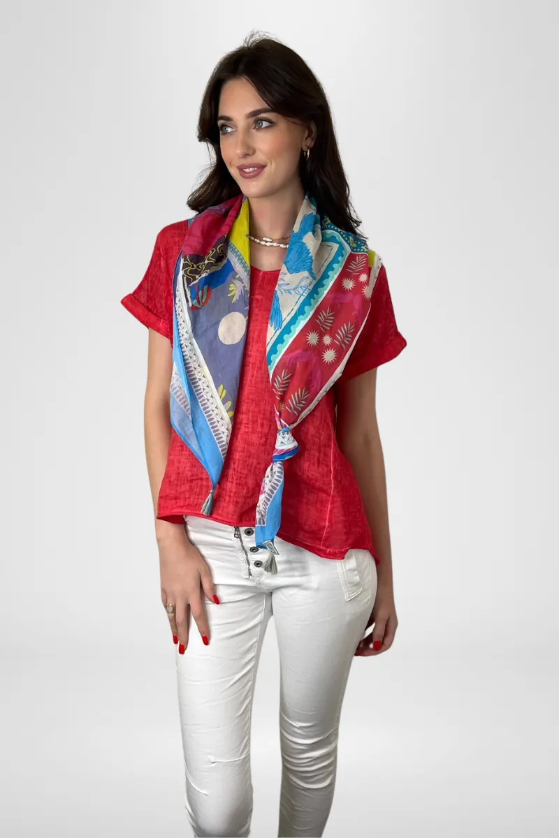 100% Cotton Printed  Scarf- Blue & Red