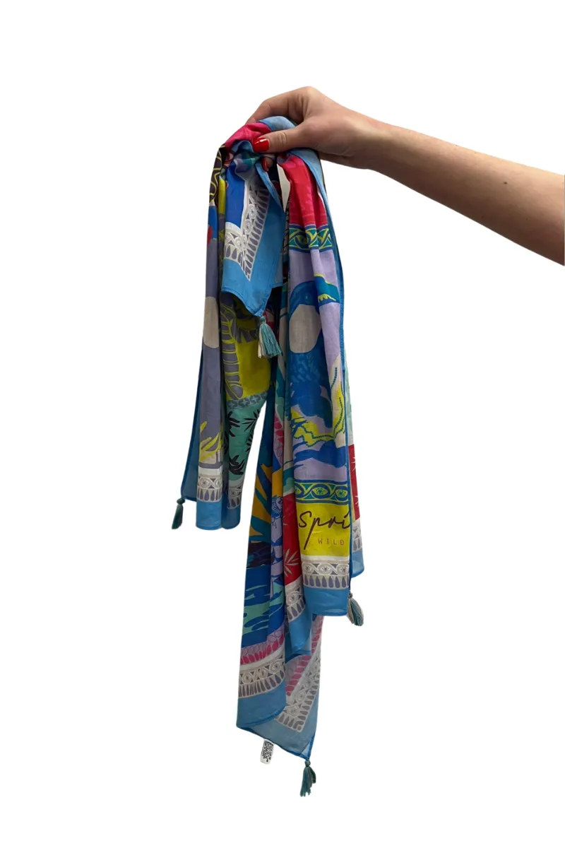 100% Cotton Printed  Scarf- Blue & Red