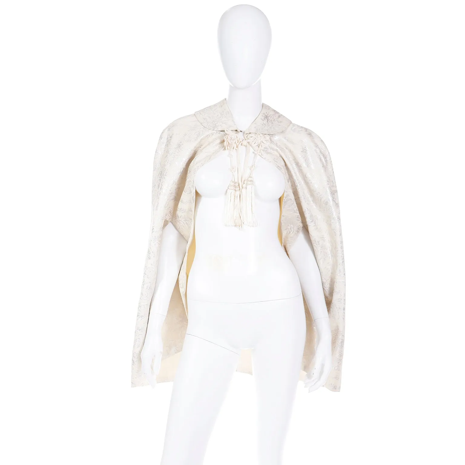 1960s Ivory Jacquard Evening Cape w Silk Tassels