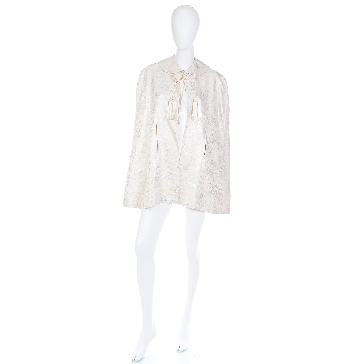 1960s Ivory Jacquard Evening Cape w Silk Tassels