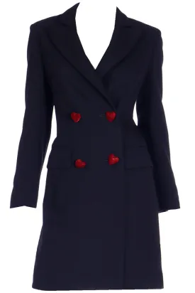 1990s Moschino Black Wool Coat w Red Velvet Heart Buttons & Bow