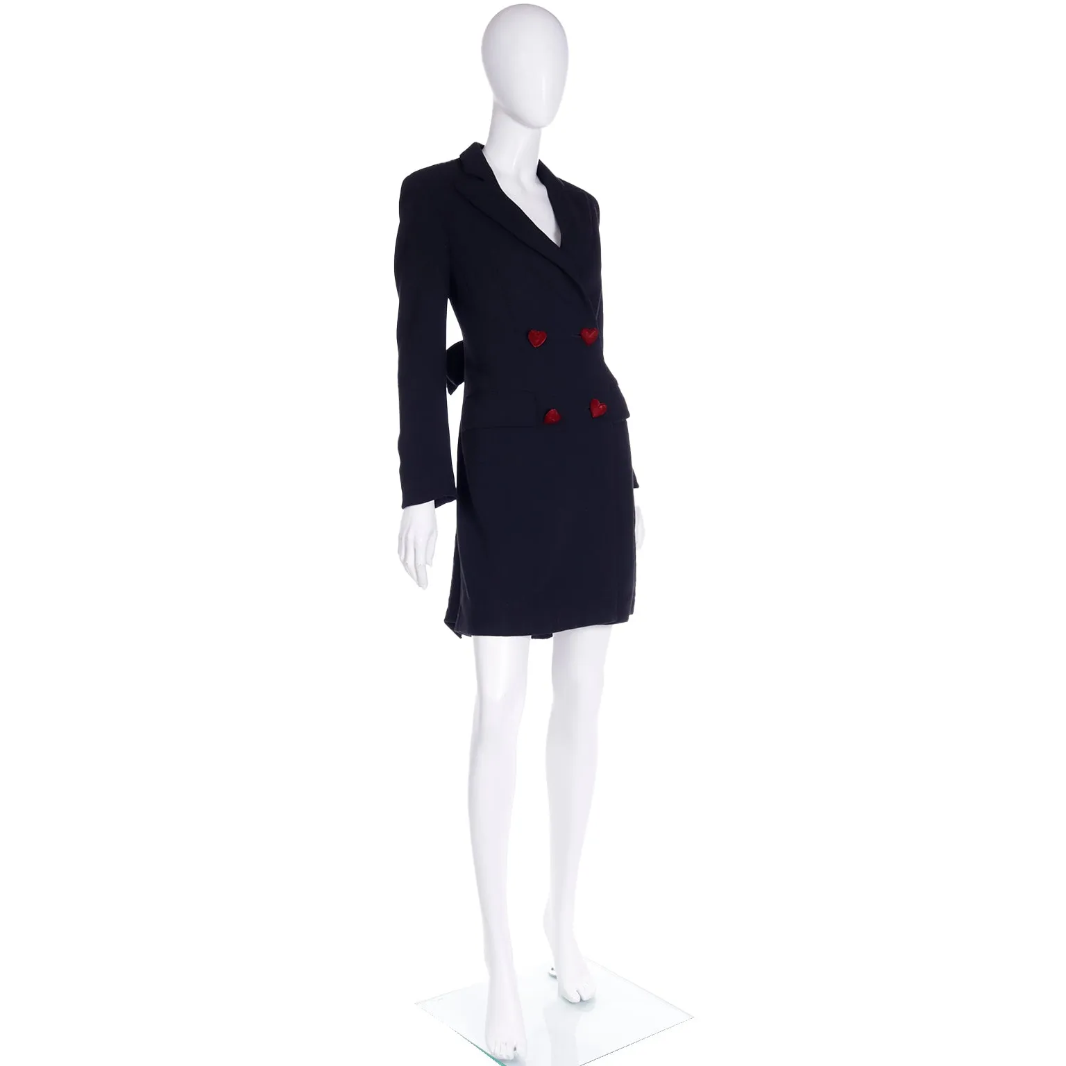 1990s Moschino Black Wool Coat w Red Velvet Heart Buttons & Bow