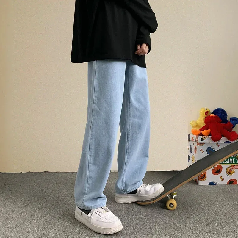 2024 New Streetwear Baggy Jeans Men Korean Fashion Loose Straight Wide Leg Pants Male Brand Clothing Black Light Blue