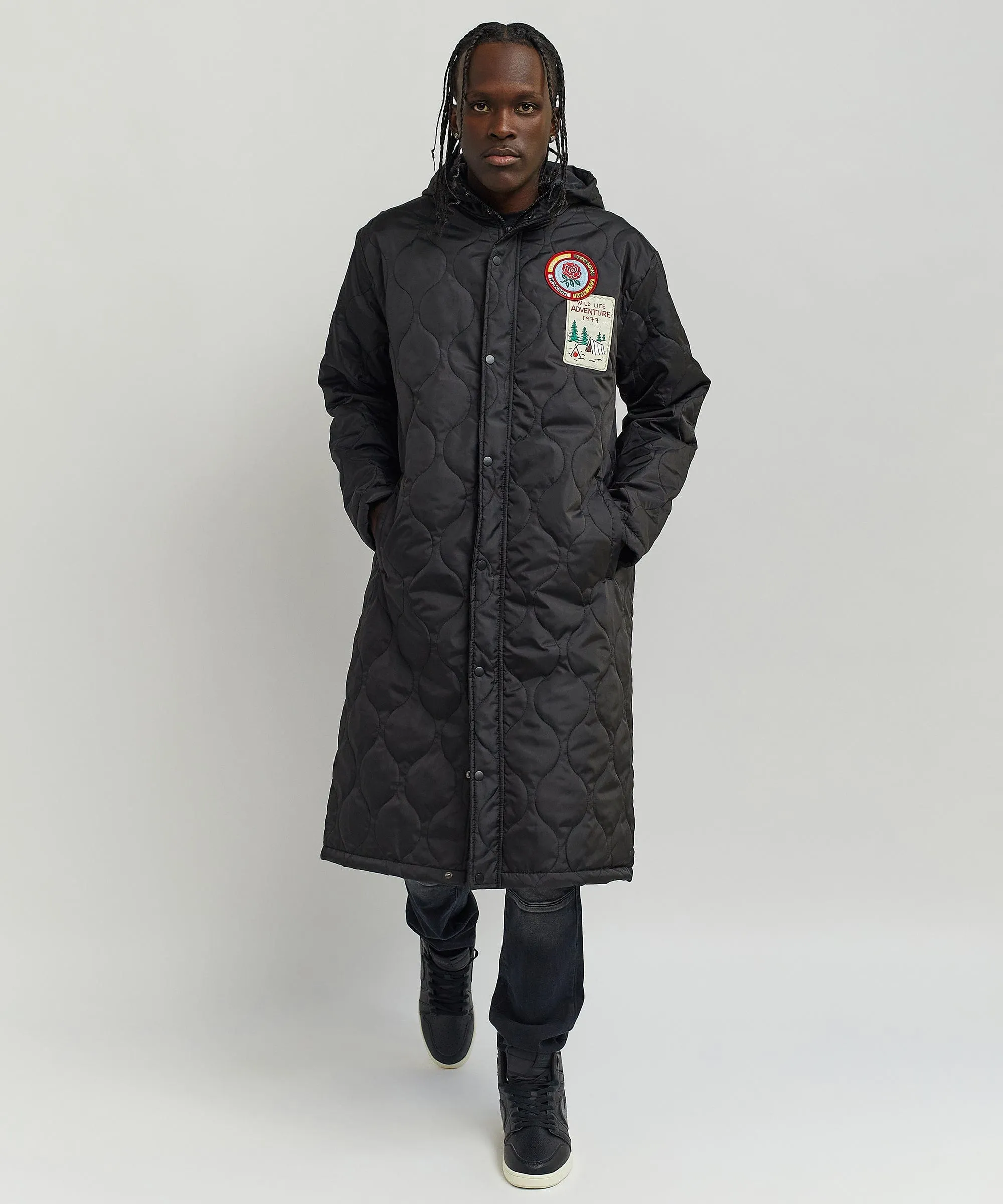 Adventure Quilted Long Line Top Coat - Black