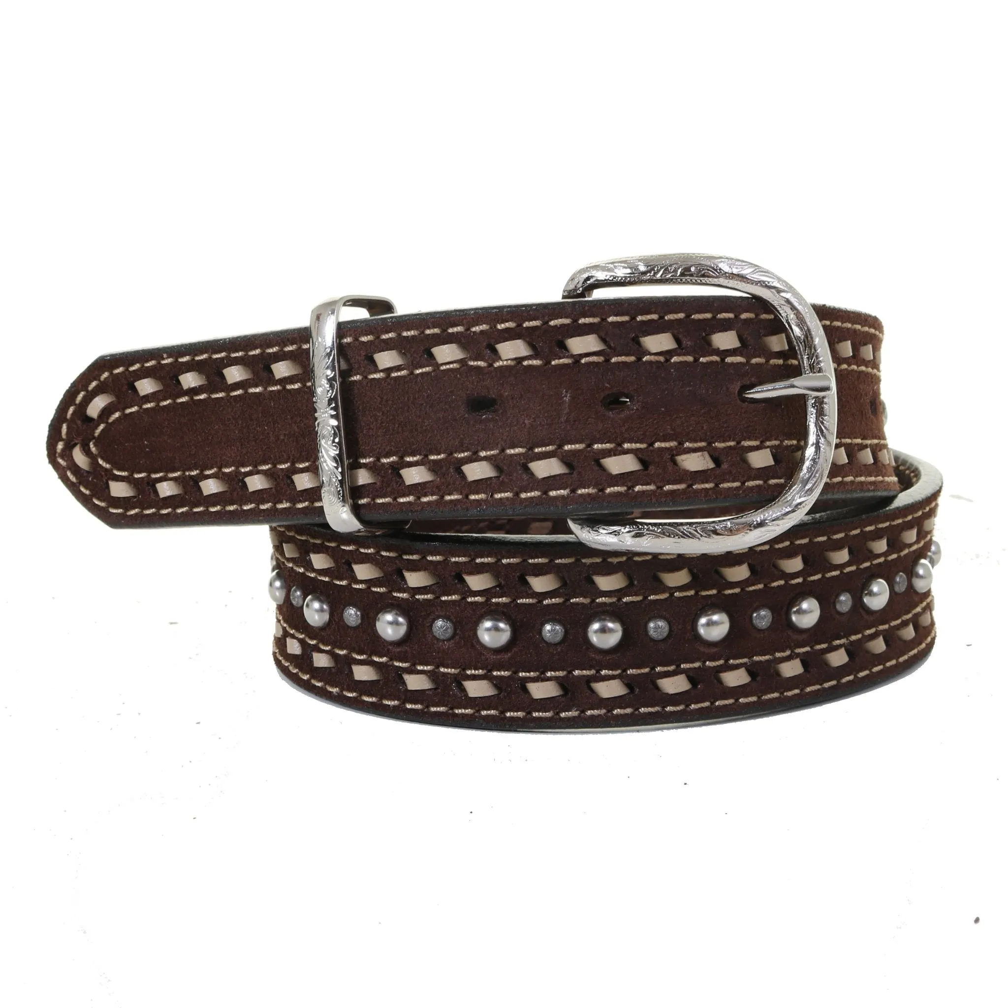 B1157 - Brown Rough Out Buckstitched & Dotted Belt