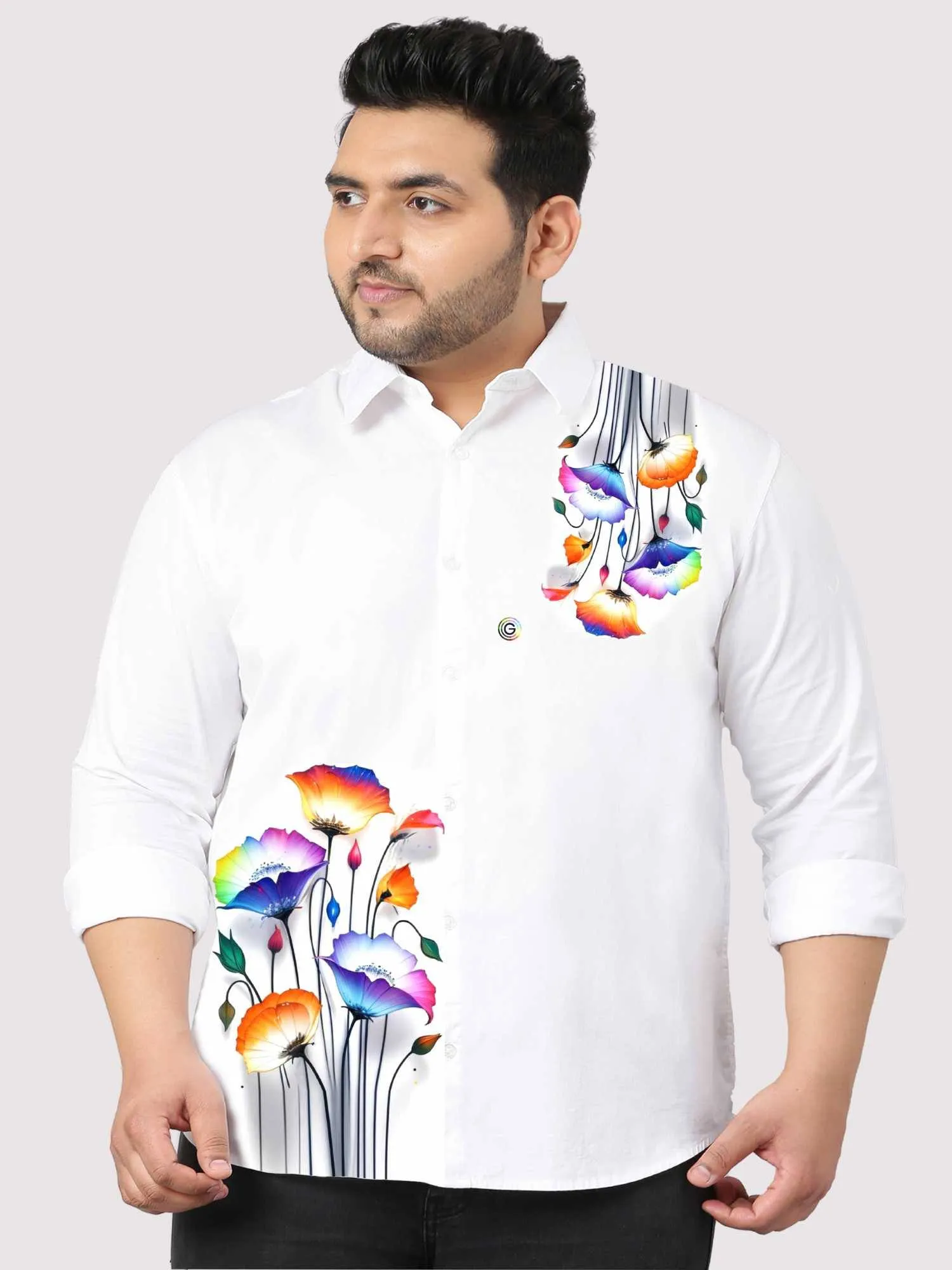 Blossom Printed White Shirt Men's Plus Size