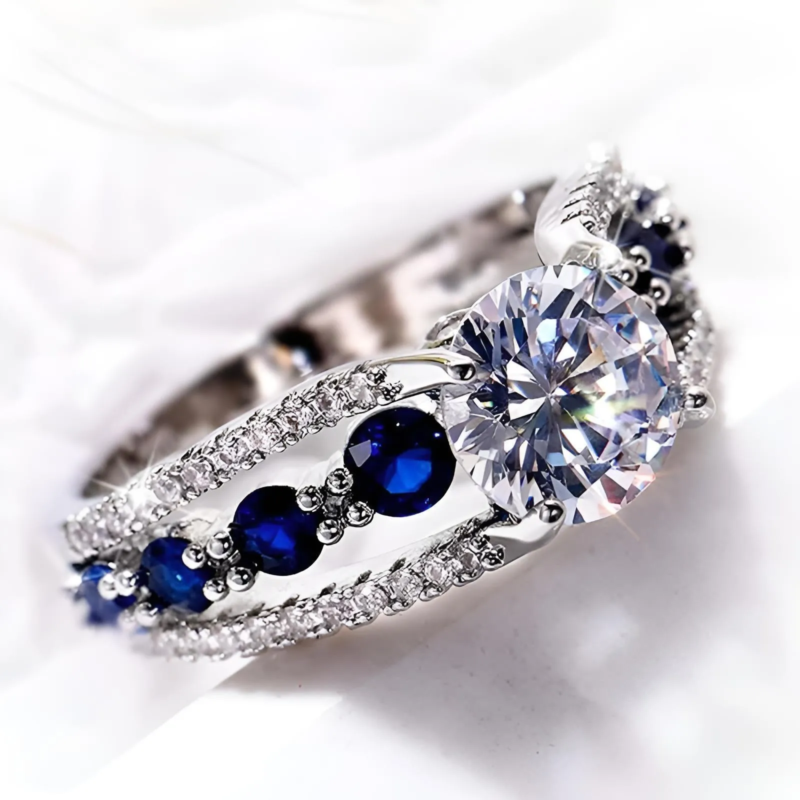 Blue White Round CZ  Ring