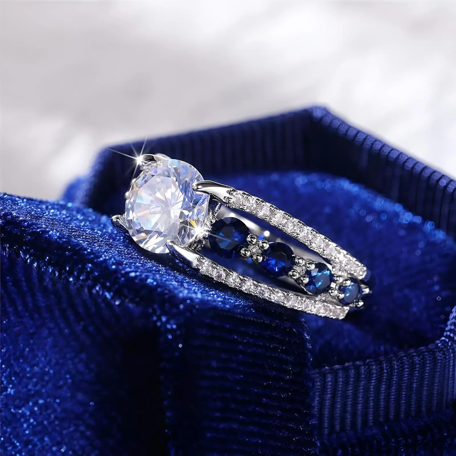 Blue White Round CZ  Ring