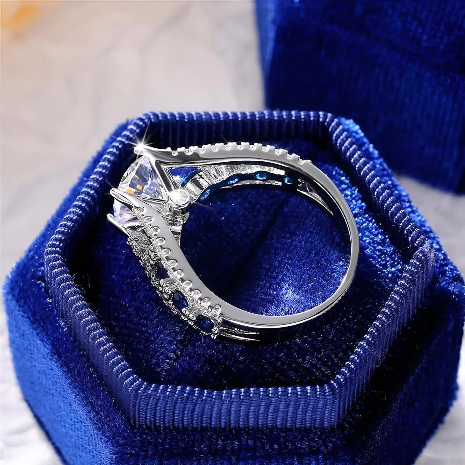 Blue White Round CZ  Ring