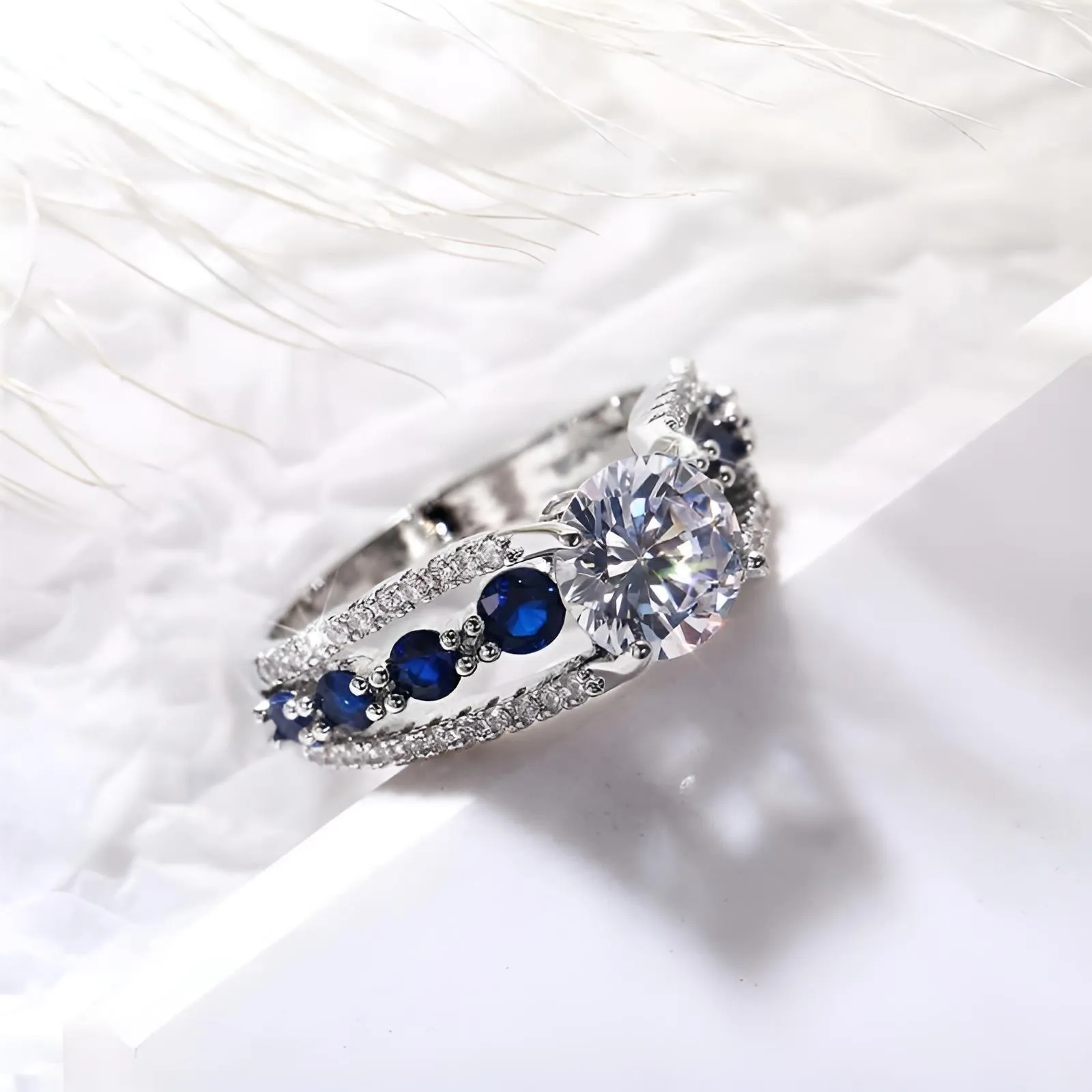 Blue White Round CZ  Ring