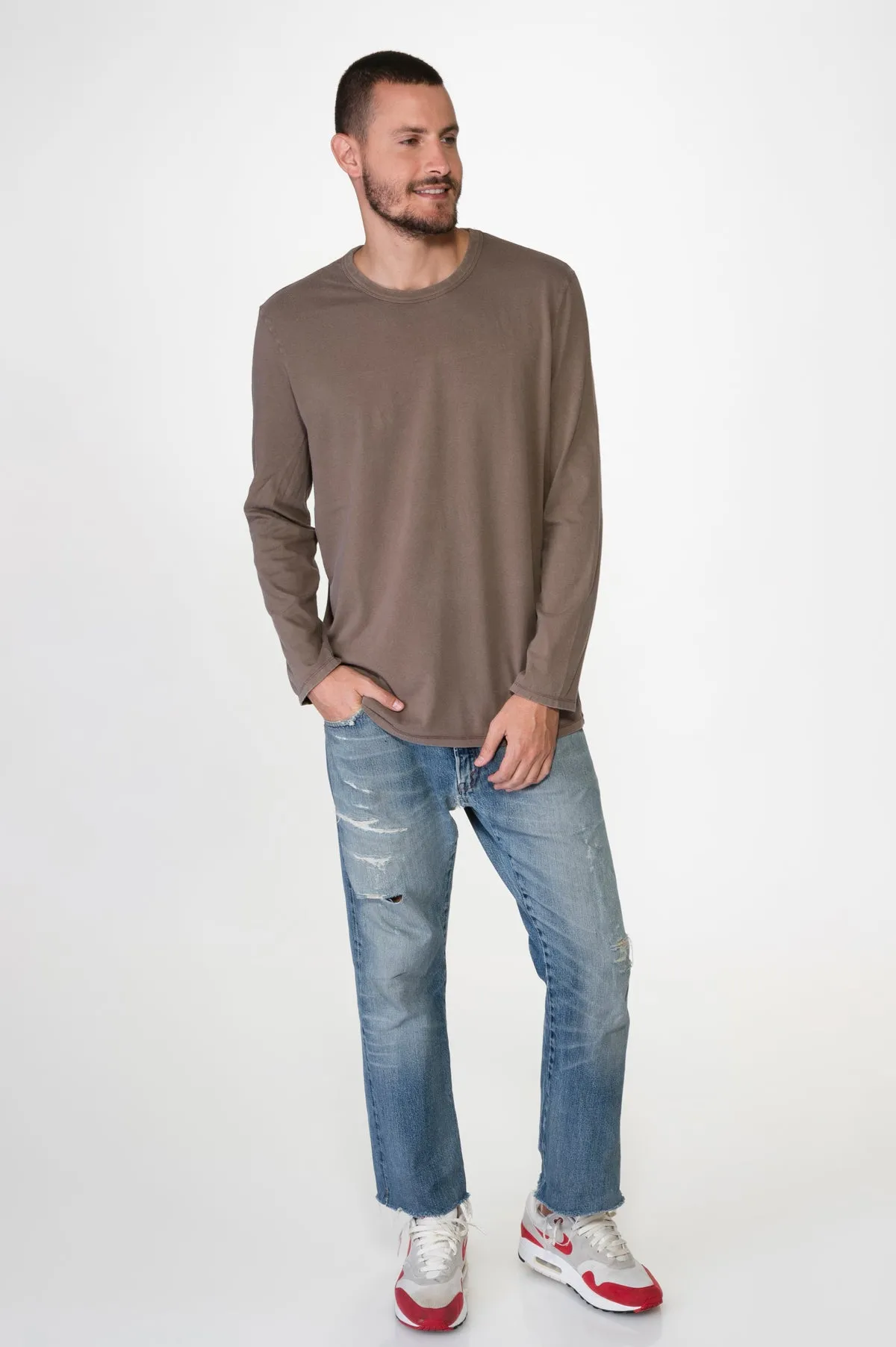 Brown Men Washed Long Sleeves Tee