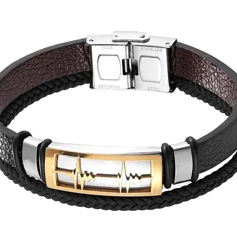 Classy Men Gold Heartbeat Leather Band Bracelet