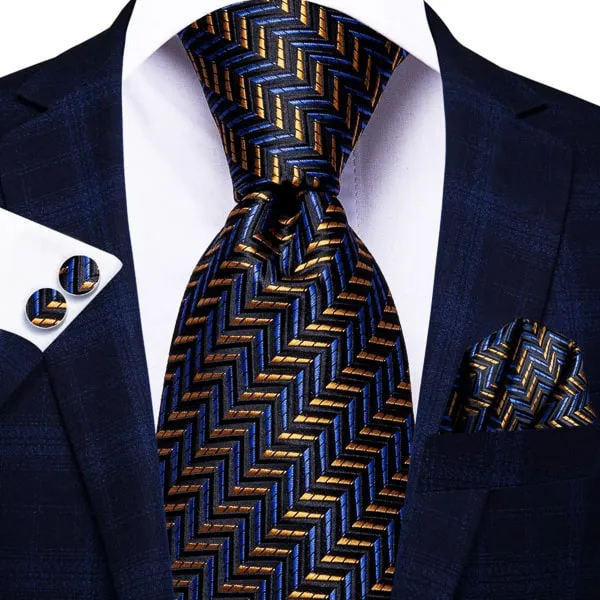 Classy Men Midnight Blue Gold Striped Silk Tie