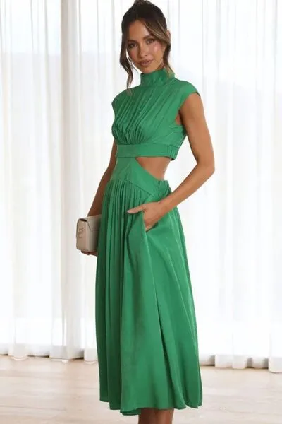 Cutout Mock Neck Sleeveless Ruched Dress