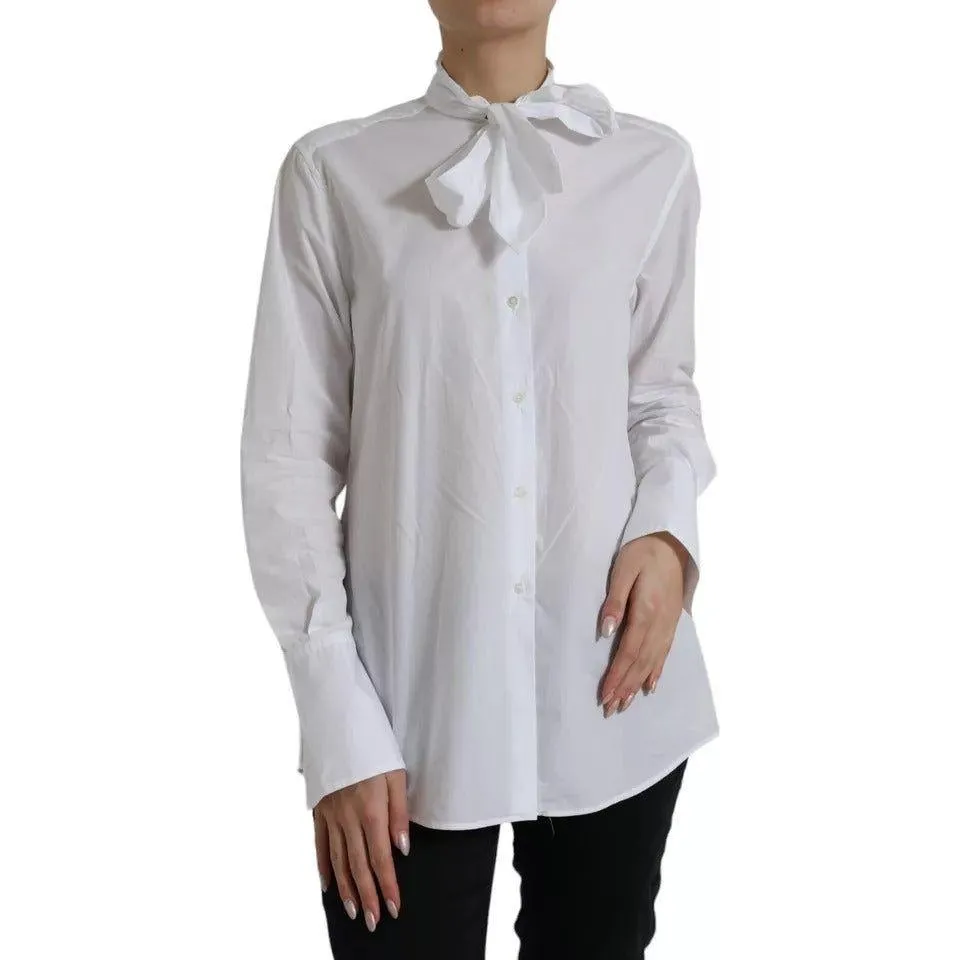 Dolce & Gabbana White Cotton Ascot Collar Long Sleeves Top