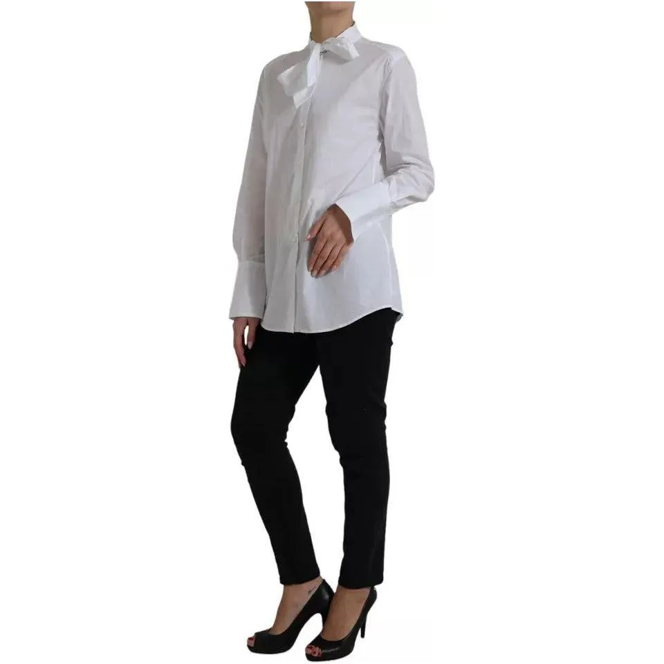 Dolce & Gabbana White Cotton Ascot Collar Long Sleeves Top