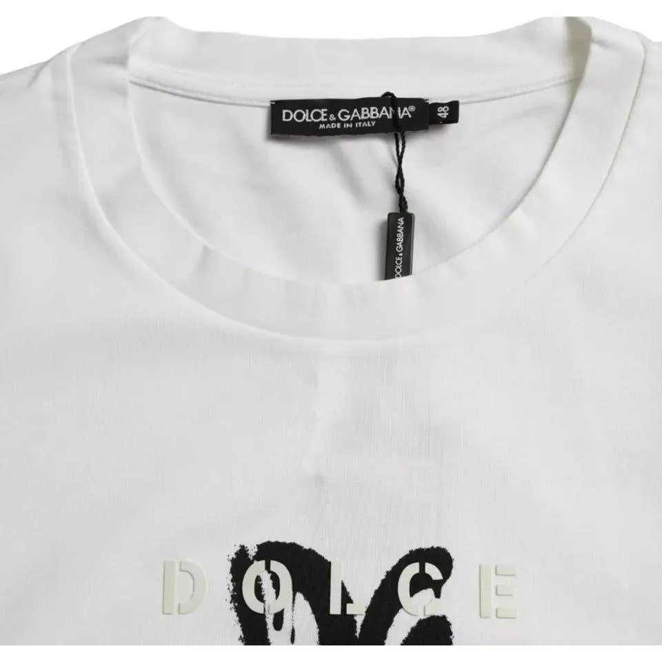 Dolce & Gabbana White Logo Print Cotton Crewneck Men T-shirt