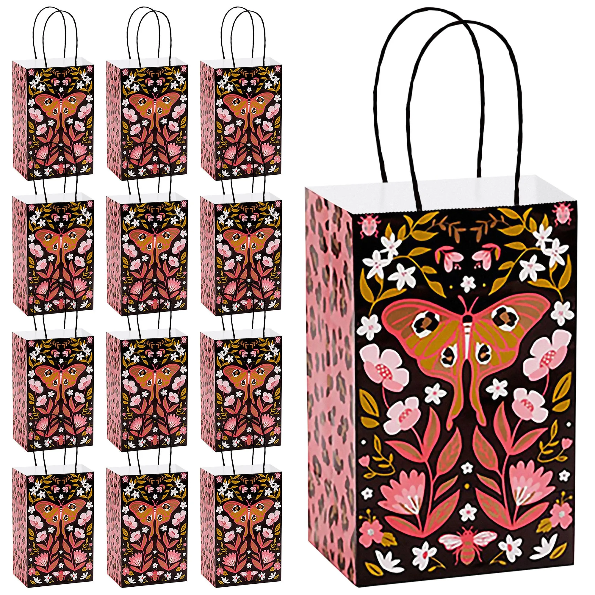 Floral Butterfly With Leopard Print Gift Bags and Favor Bags, Small 5.25x3.5x8.25(12 Pack)