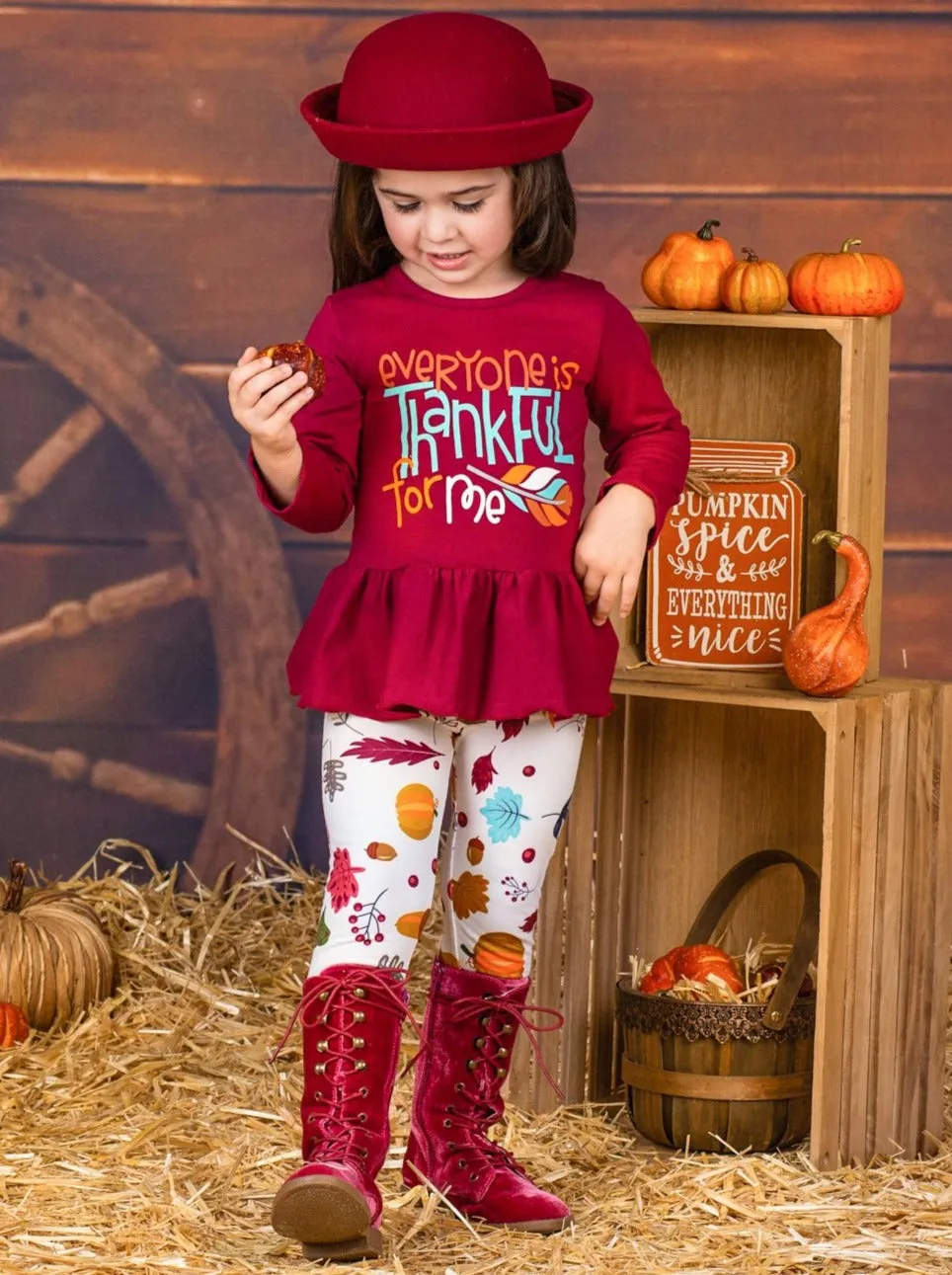 Girls "Everyone is Thankful for Me" Long Sleeve Peplum Tunic And Leaves Print Leggings