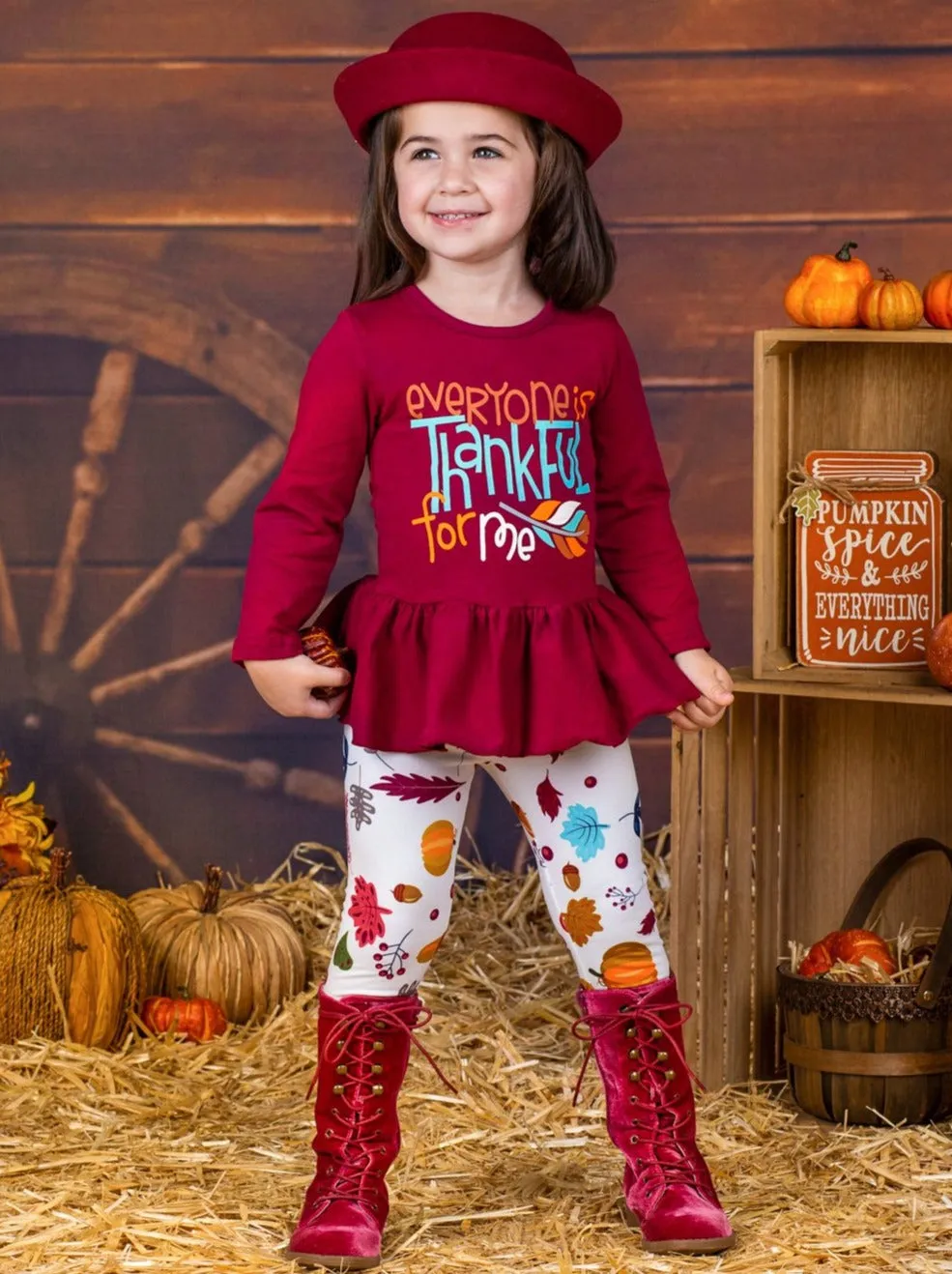 Girls "Everyone is Thankful for Me" Long Sleeve Peplum Tunic And Leaves Print Leggings