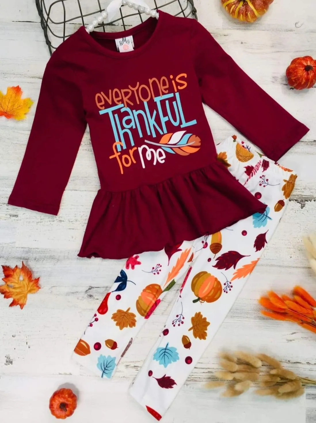 Girls "Everyone is Thankful for Me" Long Sleeve Peplum Tunic And Leaves Print Leggings