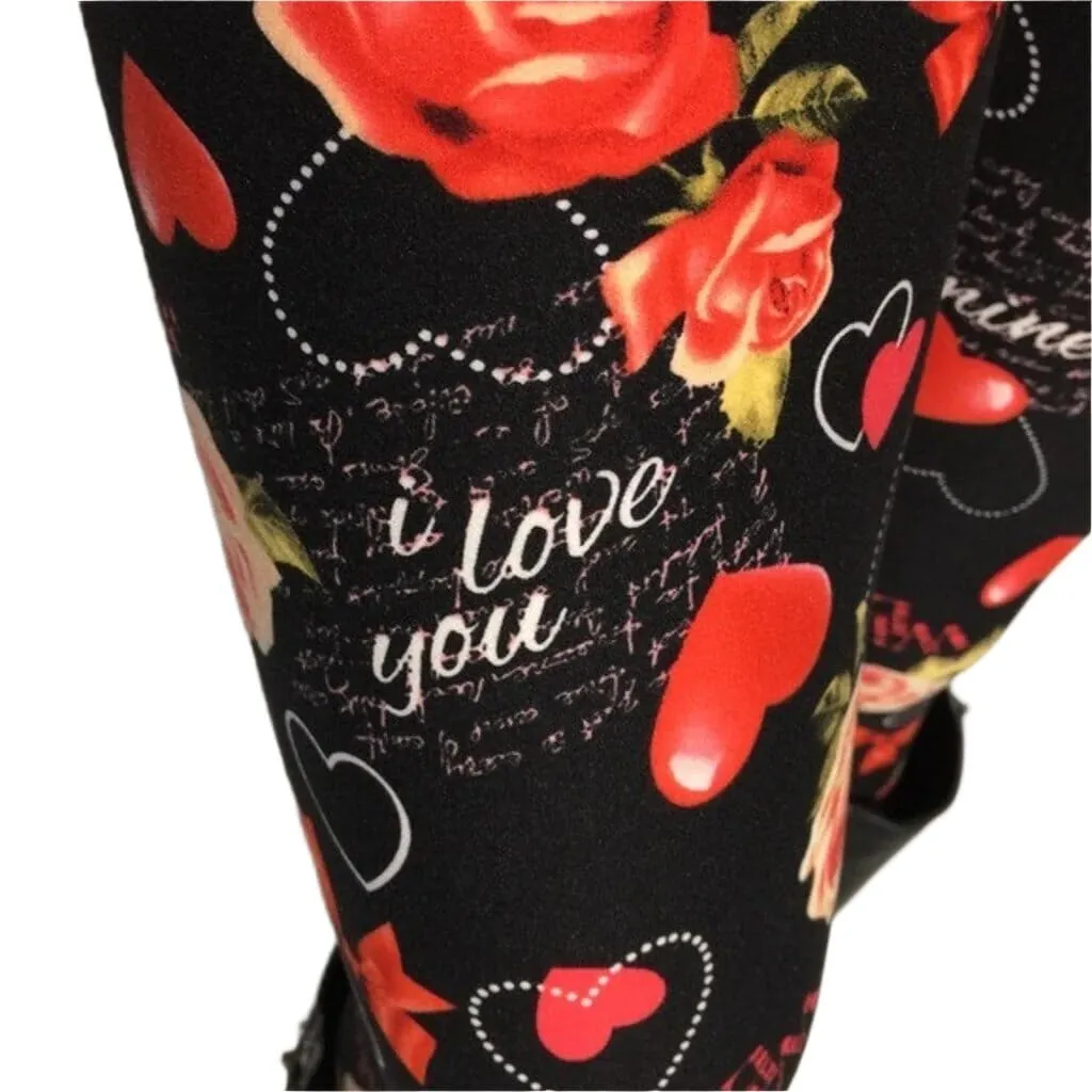 Girls Valentines Day Leggings, Heart Be Mine Leggings, Kids Yoga Pants, Sizes S/L, No-Roll Waist, Black/Red