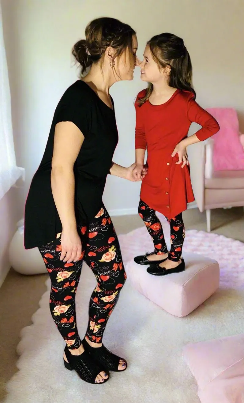 Girls Valentines Day Leggings, Heart Be Mine Leggings, Kids Yoga Pants, Sizes S/L, No-Roll Waist, Black/Red