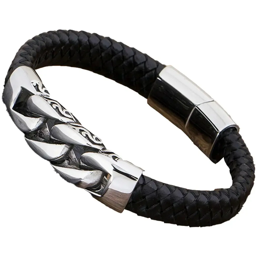 GoSteel Men's Leather and Steel Cuban Link Bracelet