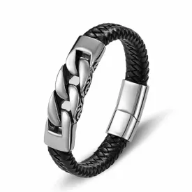 GoSteel Men's Leather and Steel Cuban Link Bracelet