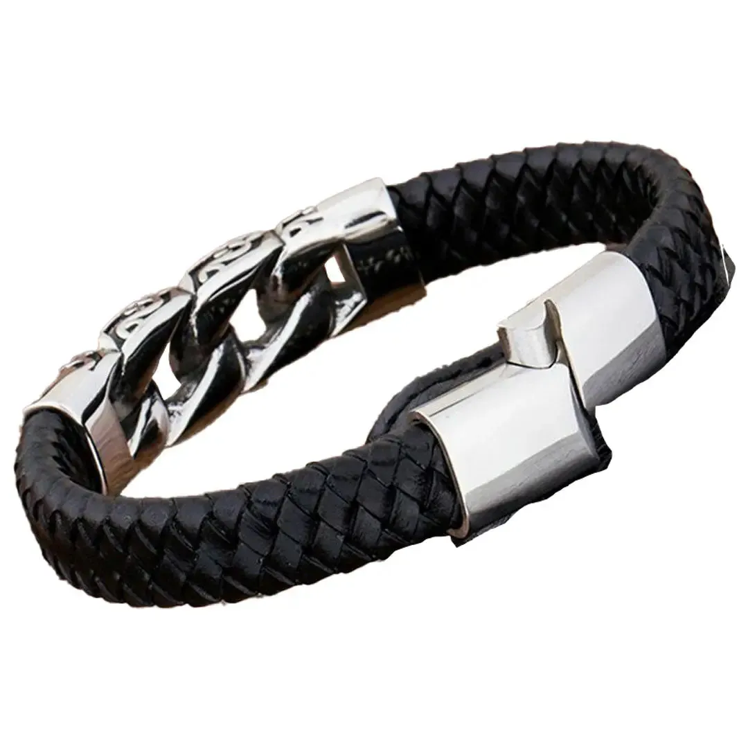 GoSteel Men's Leather and Steel Cuban Link Bracelet