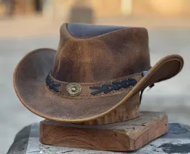 HL80140Brown  Men's Leather Australian Western Cowboy Style Tan Crazy Horse Bush Hat