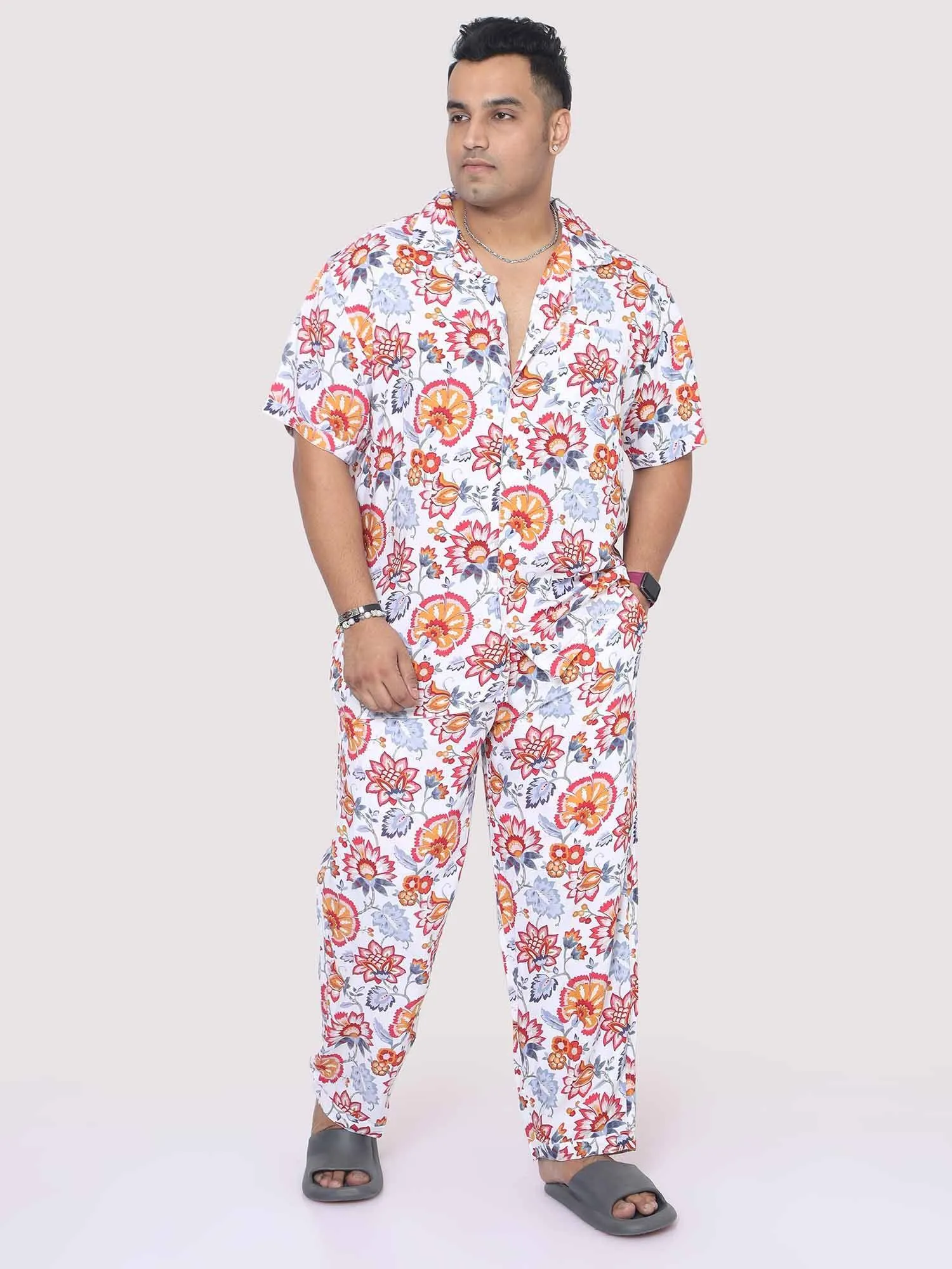 Men Plus Size Botanical Printed Full Sleeve Co-Ords