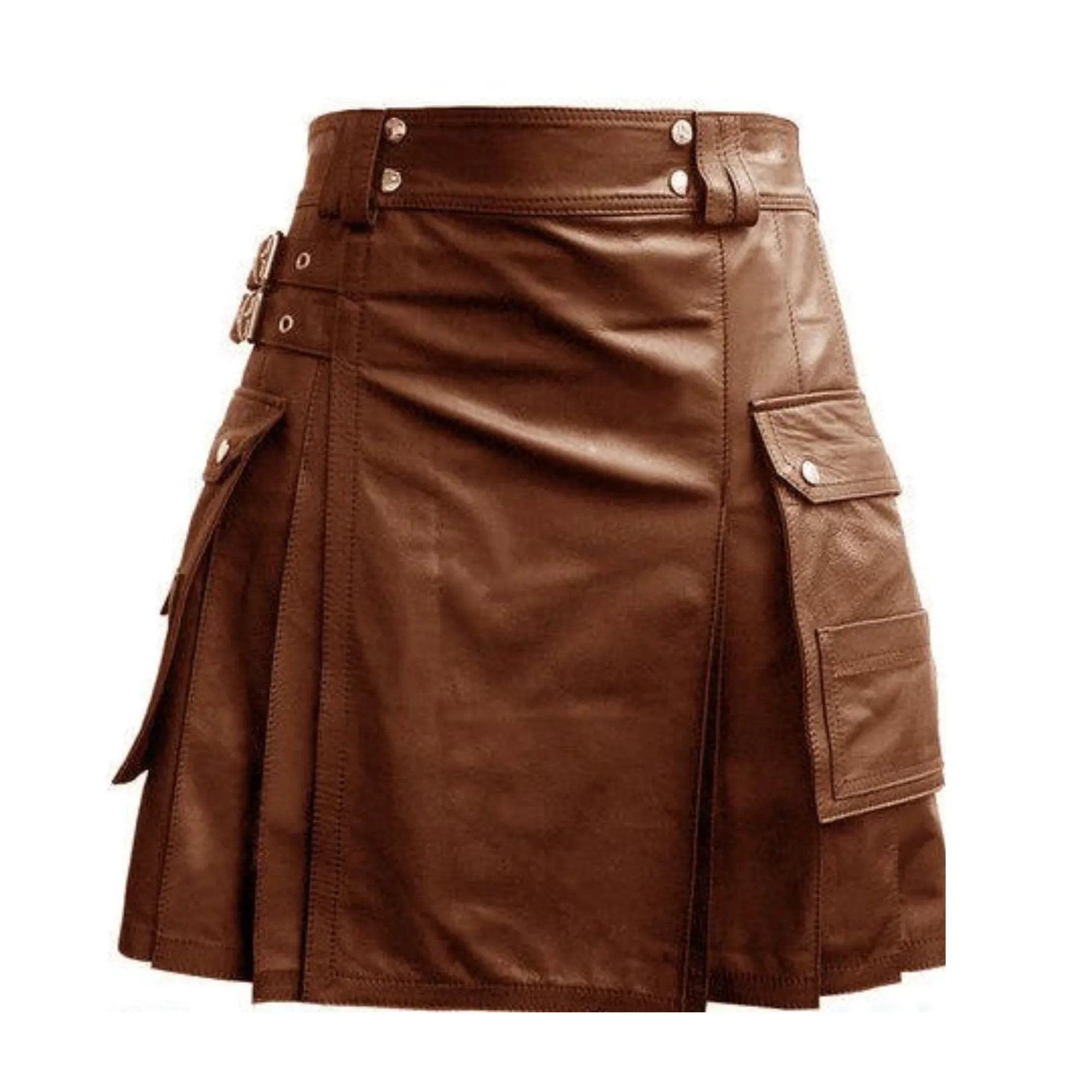 Mens Brown Leather Utility Kilt with Cargo Pockets