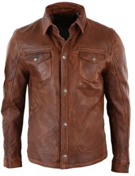 Mens Shirt Jacket Brown Real Soft Genuine Waxed Leather Shirt