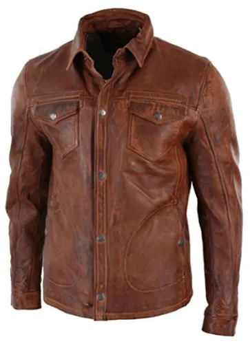 Mens Shirt Jacket Brown Real Soft Genuine Waxed Leather Shirt