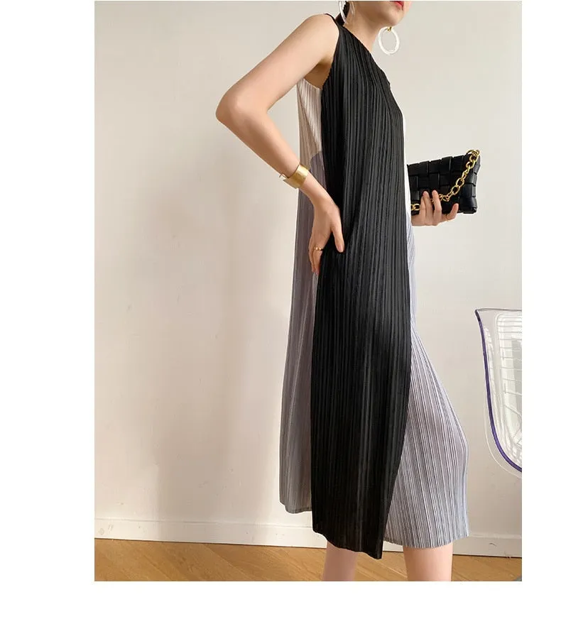 Miyake Pleated Color Block Irregular Midi Dress