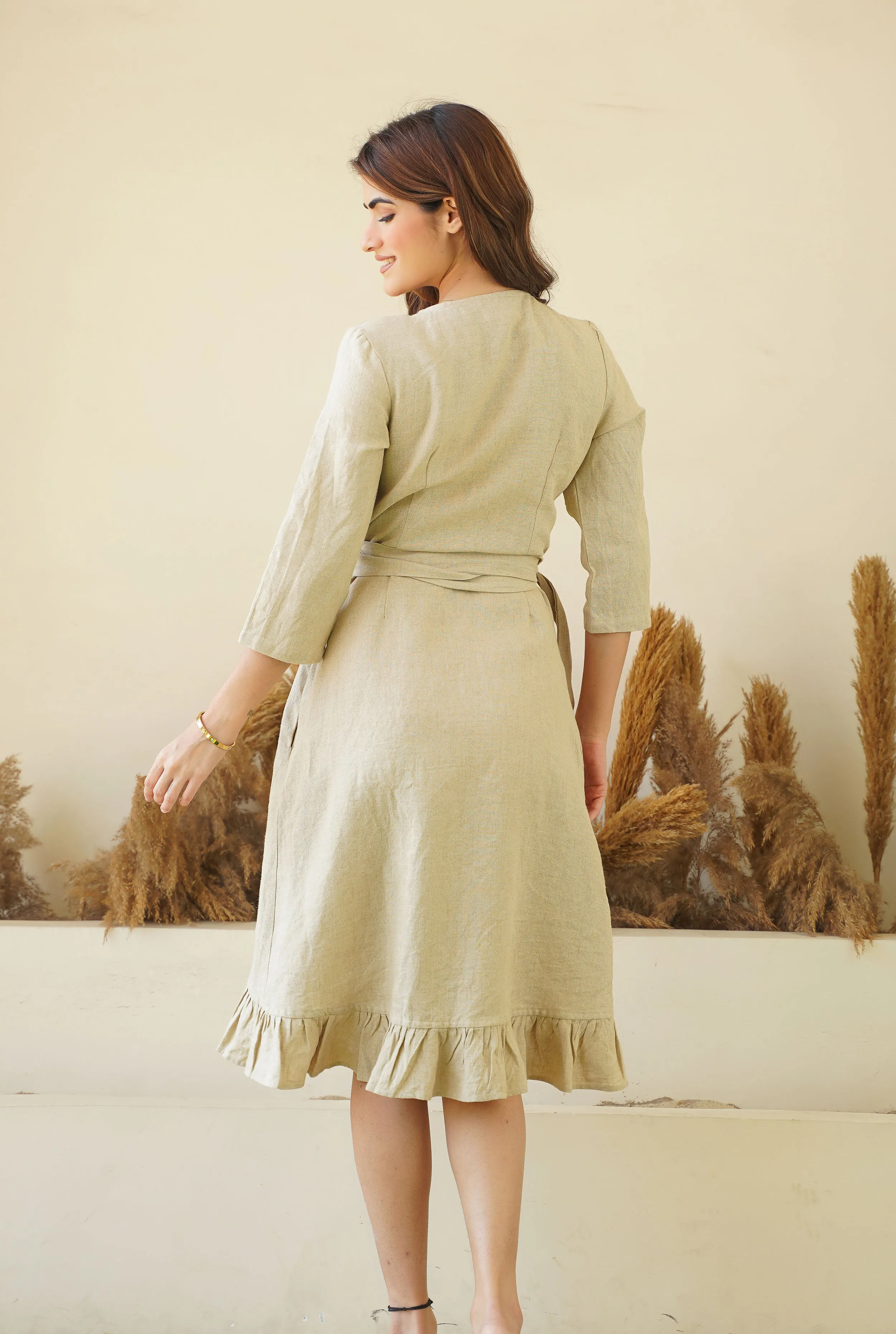 Natural Linen Wrap Dress with Frills & Waist Belt | Long Sleeve Linen Midi Dress with Pockets