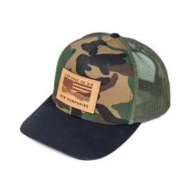 NH Flag & Mountain Cap- Camo/Black Bill/ Green Mesh