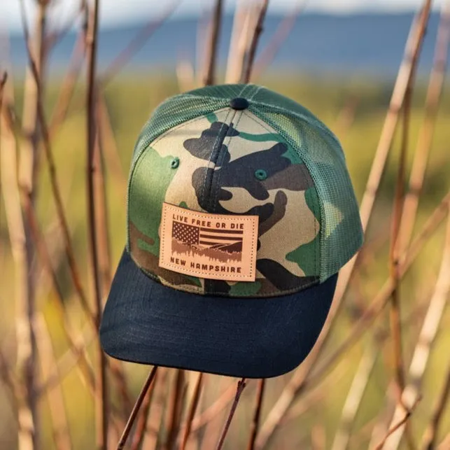 NH Flag & Mountain Cap- Camo/Black Bill/ Green Mesh