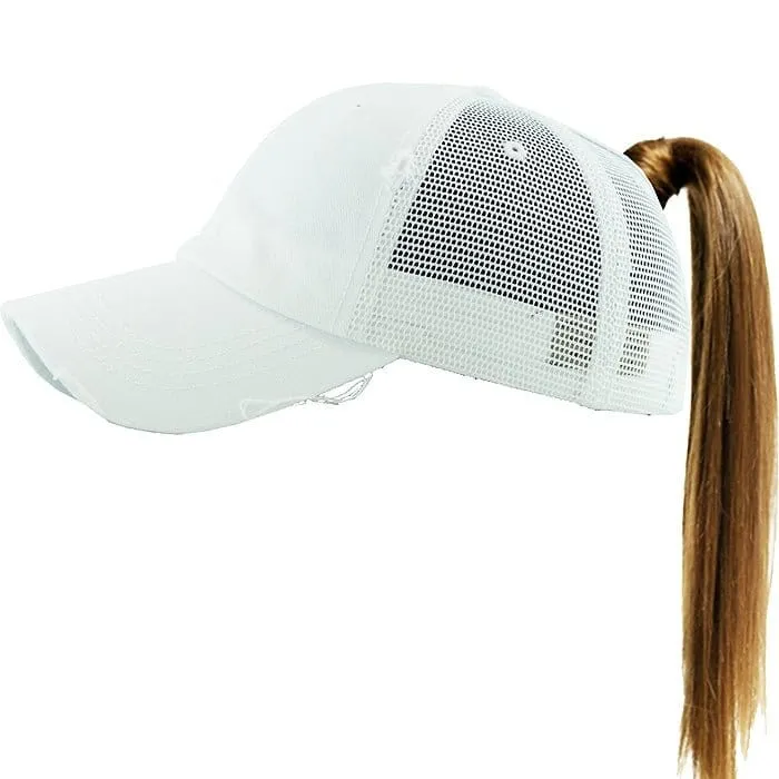 PONY002M Ponytail Distressed Mesh Cotton Cap