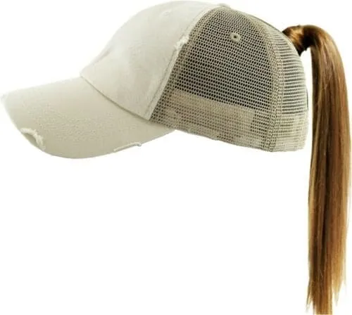 PONY002M Ponytail Distressed Mesh Cotton Cap