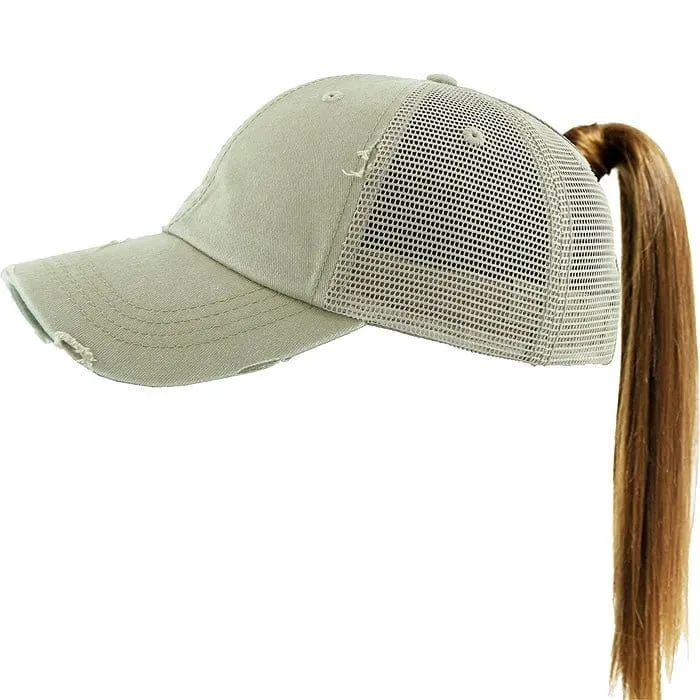 PONY002M Ponytail Distressed Mesh Cotton Cap