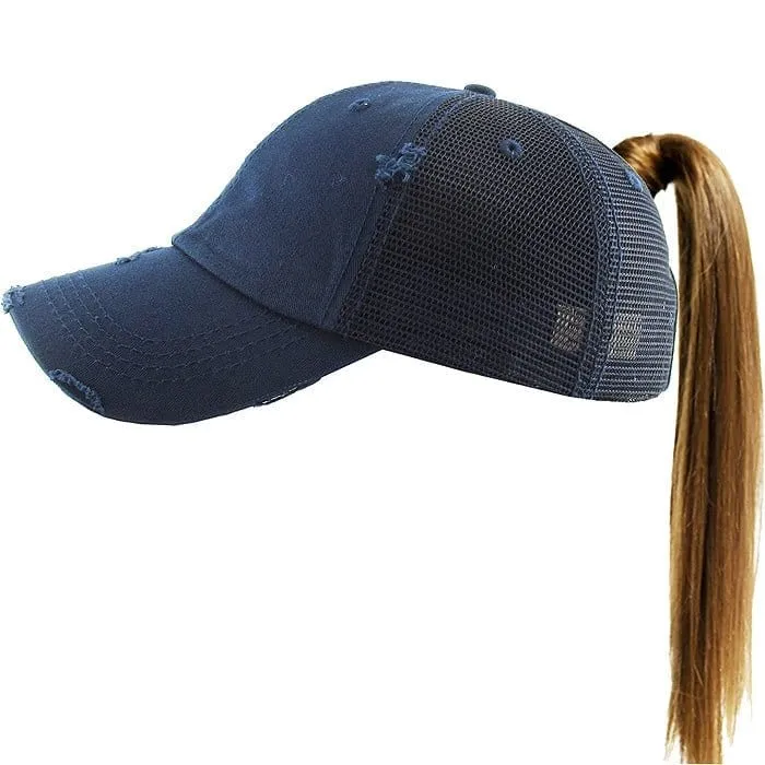 PONY002M Ponytail Distressed Mesh Cotton Cap