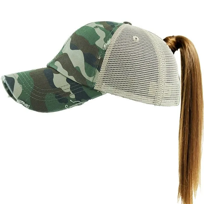 PONY002M Ponytail Distressed Mesh Cotton Cap