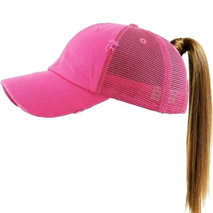 PONY002M Ponytail Distressed Mesh Cotton Cap