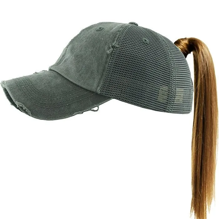 PONY002M Ponytail Distressed Mesh Cotton Cap