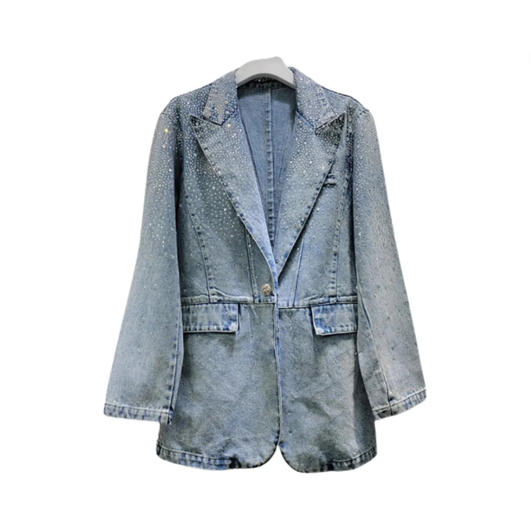 Pre Order:  Vintage Diamond Embellished Single Button Denim Blazer