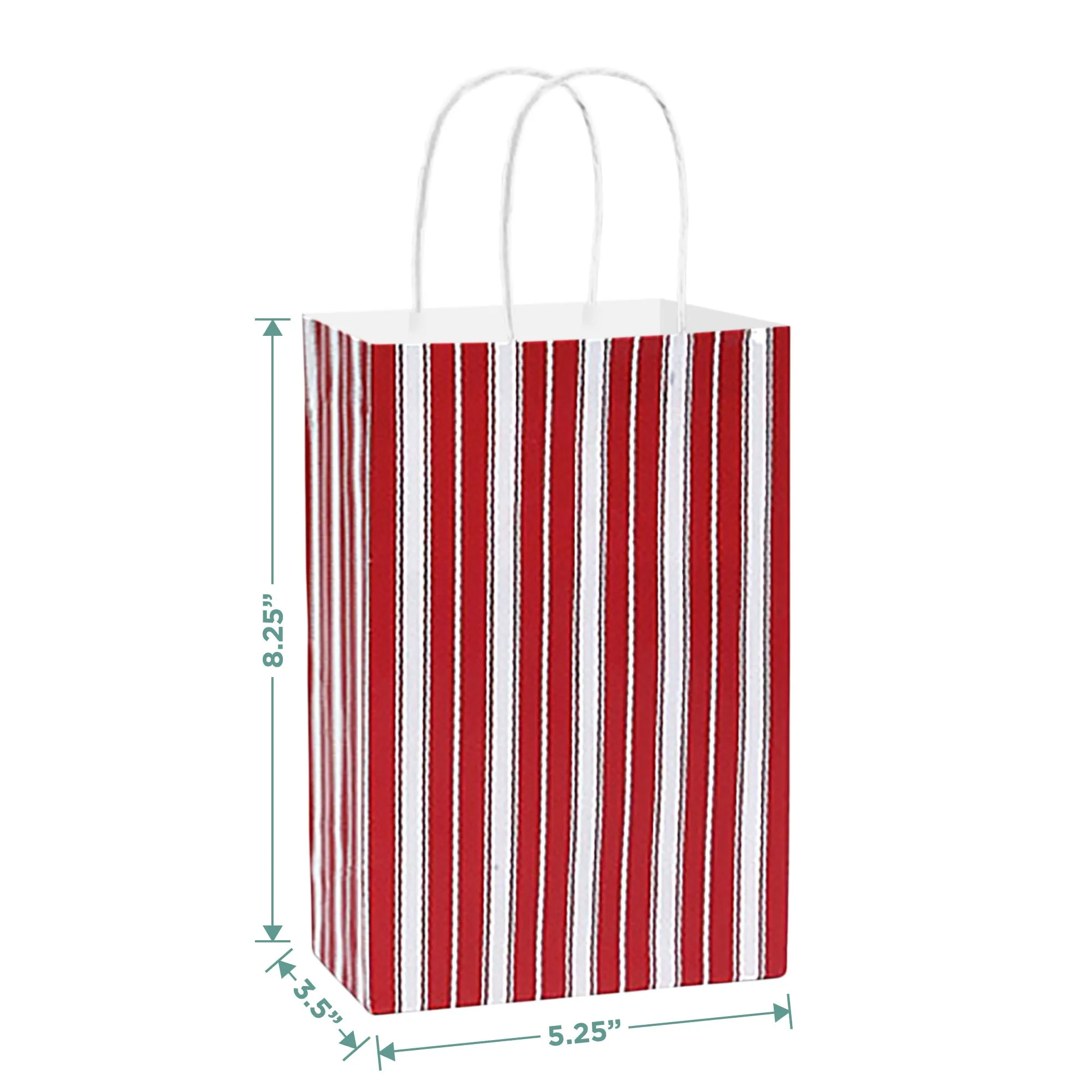 Rustic Red Peppermint Stripe Christmas Holiday Paper Gift Bags and Party Favor Bags, Small 5.25x3.5x8.25" (12 Pack)