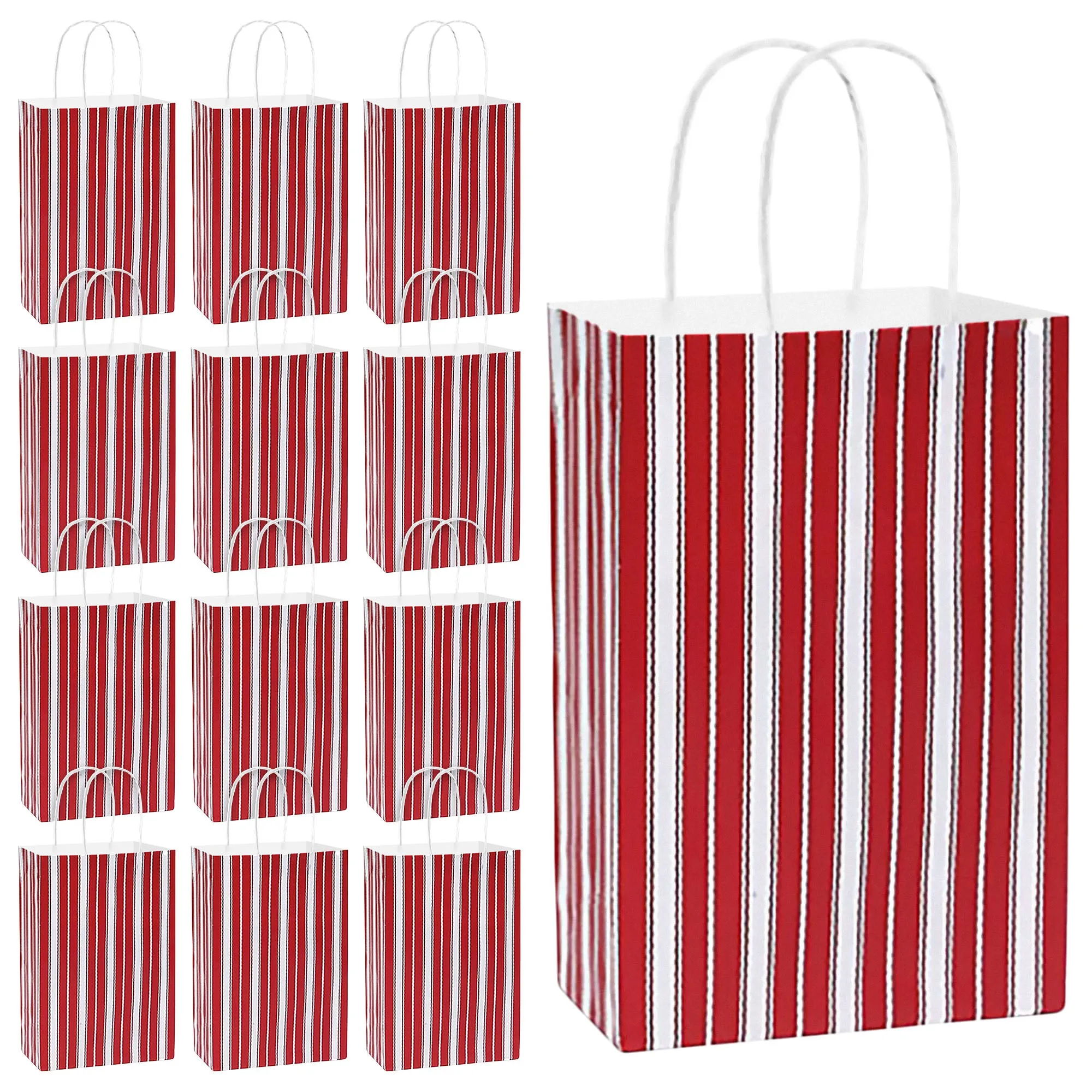 Rustic Red Peppermint Stripe Christmas Holiday Paper Gift Bags and Party Favor Bags, Small 5.25x3.5x8.25" (12 Pack)