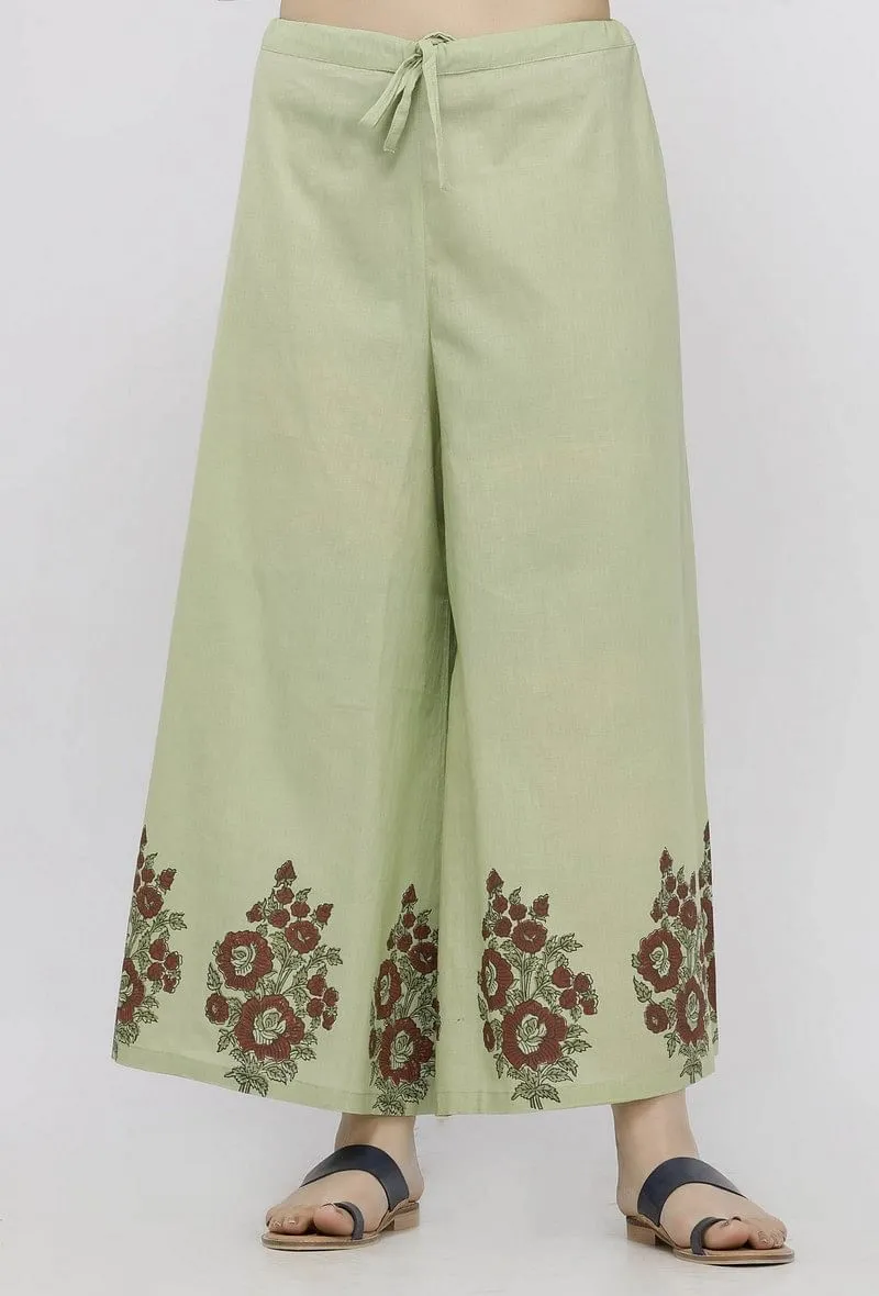 Set of 2: Light Green Kota Hand-Block Printed Kalidaar Kurta with Cotton Palazzo